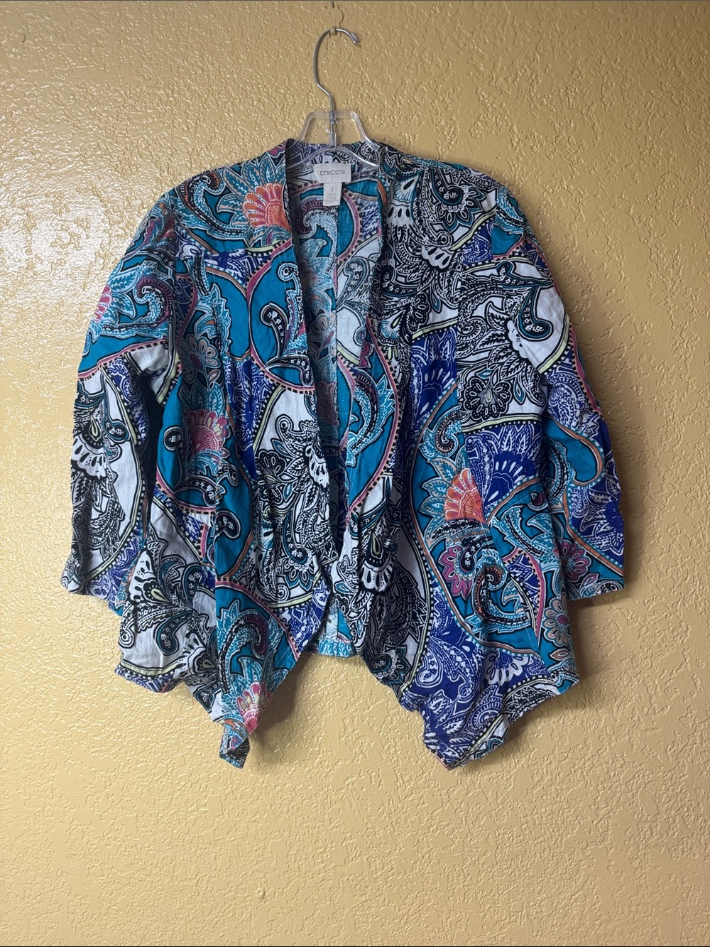 Chico's Turquoise & Navy Paisley Draped Open Front Jacket